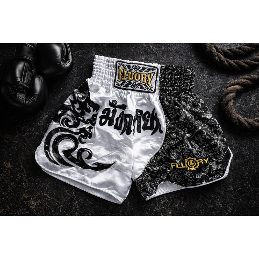 Fluory Muay Thai Shorts XS Black White Gold Satin Dragon Fight MMA Kickboxing